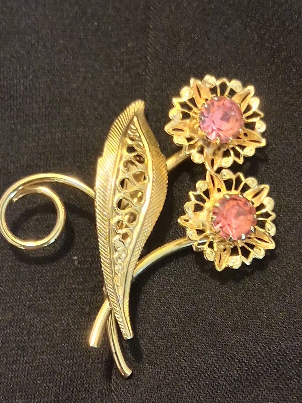 Gold-Tone Floral Brooch with Pink Crystal Accents
